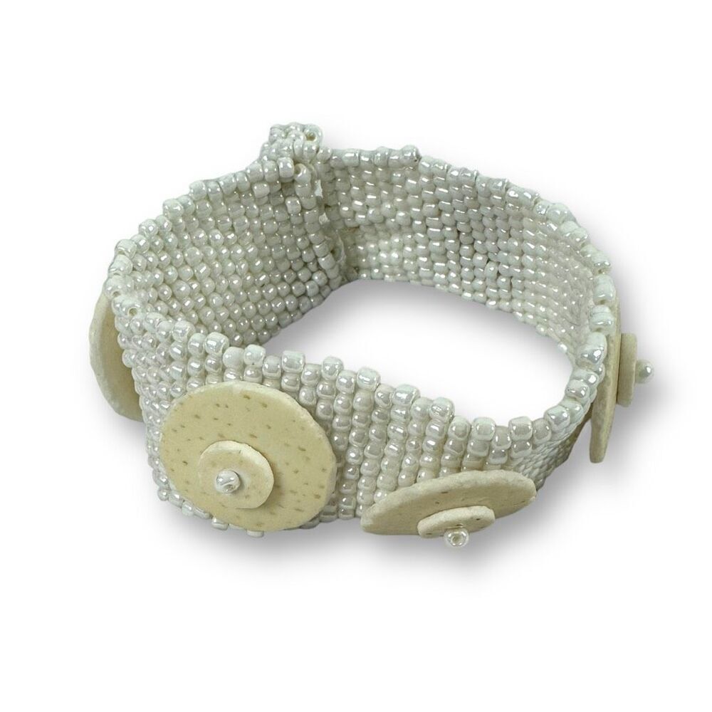 Artisan Woven Seed Bead Wide Cuff Bracelet Ivory White Cream Button Accents